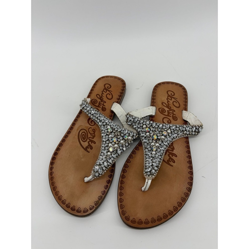 Naughty Monkey Beaded Rhinestone Thong Sandals Black Silver Leather Size 7.5